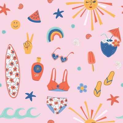 Summer holiday retro style seamless pattern. Beach vacation symbols - bikini, sunglasses, surfboard, coconut, seashells. Cute 70s aesthetic summertime print. Flat design illustration.