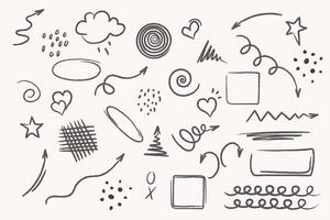 Hand drawn set of lines, arrows, elements. Hand drawn circle, cloud, speech bubble, grunge set of elements. Retro style illustration. vector