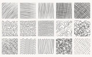 Set of hand drawn patterns in square. textures made with pencil. Geometric doodles in the form of lines, circles, strokes, stripes, waves. vector