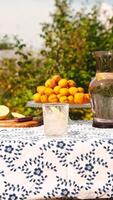 Lemon water making - glass is filling with pieces of lemon, ice, water and drinking through a straw. Stop motion animation vertical . Summer garden and apricots on background video