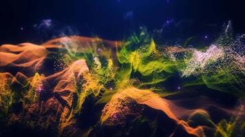 Abstract moving futuristic landscape of particles and dots of energy magic with glow and blur effect, abstract background. 4k, motion design video