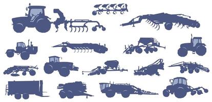 Set of icons of agricultural and agricultural machines used for sowing and watering. vector