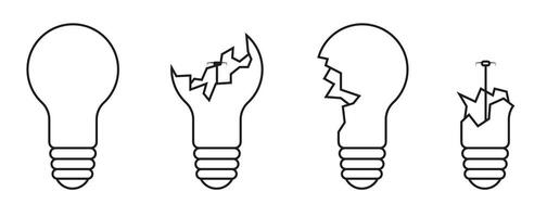 The light bulb is destroyed by a thin line. Broken lamp concept. A whole light bulb, a broken light bulb. vector