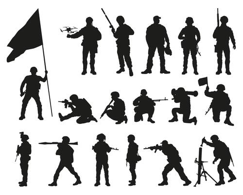 Silhouettes of soldiers. Hostilities.