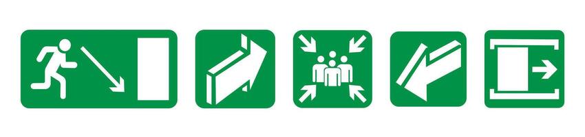 Fire exit signs installed. Green emergency symbols on a white background. vector