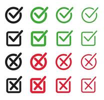Set of flat buttons. Green ticks and red crosses. Circle and square and different thickness of lines. vector