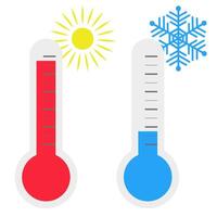 Two colored thermometers show cold and heat. Temperature indicator at different times of the year. vector
