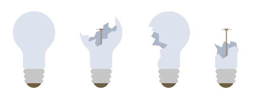 Broken lamp concept. White Light of Destruction. A whole light bulb, a broken light bulb. vector