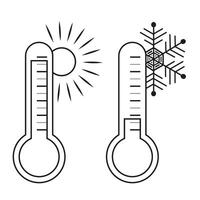 Thermometers show cold and heat with a thin line. Temperature indicator at different times of the year. vector