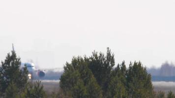 Commercial plane acceleration before take off. Airliner on the runway, side view. Travel concept video