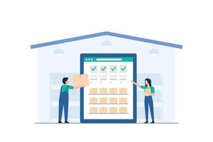 Inventory Control or Logistics Management. Warehouse Worker Organizing Inventory Efficiently Using Technology. vector