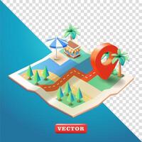 Coastal paper map with location symbols, 3d. Suitable for traveling and element design vector