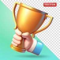 Hand holding a golden trophy, 3d. Suitable for design elements vector