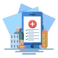 Concept of online registration of medical prescription form with health result data and approved check mark on mobile phone, healthcare checklist document on modern smart phone, illustration. vector