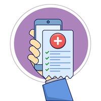 Concept of online registration of medical prescription form with health result data and approved check mark on mobile phone, healthcare checklist document on modern smart phone, illustration. vector