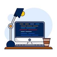 Professional Programmer Workbench Setup Concept with Open Project on Monitor. Simple Table with Lots of Displays, Lamps, and Coffee Drinks. for Banners, Templates, etc. Flat Illustration. vector