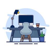 Professional Table Setting Concept with Desktop, Designed for Productivity and Comfort, Table Setting Supplies, Lamps, Plants, Coffee Drinks. for Web Banners, Templates, etc. Flat Illustration. vector