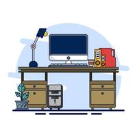 Professional Table Setting Concept with Desktop, Designed for Productivity and Comfort, Table Setting Supplies, Lamps, Plants, Coffee Drinks. for Web Banners, Templates, etc. Flat Illustration. vector