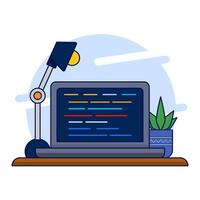 Professional Programmer Workbench Setup Concept with Open Project on Monitor. Simple Table with Lots of Displays, Lamps, and Coffee Drinks. for Banners, Templates, etc. Flat Illustration. vector