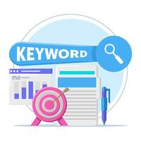 Keyword Research Tool concept, keyword analysis report, keyword analysis report, SEO keywords dominating search engine results, SEO keyword costs for digital advertising or pay per click campaigns. vector