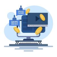 Concept create blog idea vlog make money, income monetize online icon illustration, social monetization chat digital marketing graphic design, internet web electronic media cash on laptop computer. vector