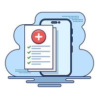 Concept of online registration of medical prescription form with health result data and approved check mark on mobile phone, healthcare checklist document on modern smart phone, illustration. vector