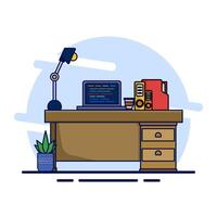 Professional Table Setting Concept with Desktop, Designed for Productivity and Comfort, Table Setting Supplies, Lamps, Plants, Coffee Drinks. for Web Banners, Templates, etc. Flat Illustration. vector