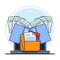 Folders with documents, file management administration, data archiving, electronic document management. Digital data files, storage systems, computer archives, information databases. flat . vector