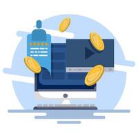 Concept create blog idea vlog make money, income monetize online icon illustration, social monetization chat digital marketing graphic design, internet web electronic media cash on laptop computer. vector