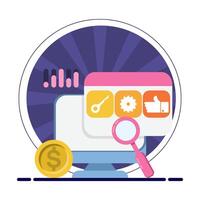 Keyword Research Tool concept, keyword analysis report, keyword analysis report, SEO keywords dominating search engine results, SEO keyword costs for digital advertising or pay per click campaigns. vector