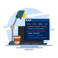 Professional Programmer Workbench Setup Concept with Open Project on Monitor. Simple Table with Lots of Displays, Lamps, and Coffee Drinks. for Banners, Templates, etc. Flat Illustration. vector
