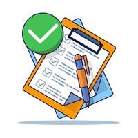 School exam results concept, educational quiz score passing checklist, checklist assignment plan survey, graphic document assessment report, interview recruitment document form. illustration. vector