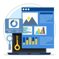 Keyword analysis report concept, ranking of most frequently searched keywords. SEO keywords dominate search engine results page, keyword research, SEO report, illustration with icons. vector