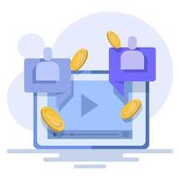Concept create blog idea vlog make money, income monetize online icon illustration, social monetization chat digital marketing graphic design, internet web electronic media cash on laptop computer. vector