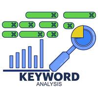Keyword analysis report concept, ranking of most frequently searched keywords. SEO keywords dominate search engine results page, keyword research, SEO report, illustration with icons. vector