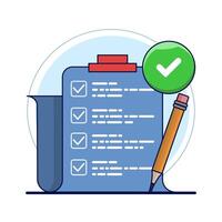School exam results concept, educational quiz score passing checklist, checklist assignment plan survey, graphic document assessment report, interview recruitment document form. illustration. vector