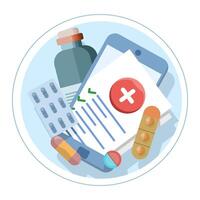 Concept of online registration of medical prescription form with health result data and approved check mark on mobile phone, healthcare checklist document on modern smart phone, illustration. vector