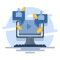 Concept create blog idea vlog make money, income monetize online icon illustration, social monetization chat digital marketing graphic design, internet web electronic media cash on laptop computer. vector