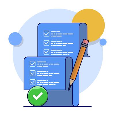 School exam results concept, educational quiz score passing checklist, checklist assignment plan survey, graphic document assessment report, interview recruitment document form. illustration.