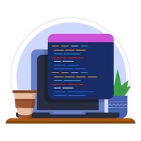 Professional Programmer Workbench Setup Concept with Open Project on Monitor. Simple Table with Lots of Displays, Lamps, and Coffee Drinks. for Banners, Templates, etc. Flat Illustration. vector