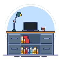 Professional Table Setting Concept with Desktop, Designed for Productivity and Comfort, Table Setting Supplies, Lamps, Plants, Coffee Drinks. for Web Banners, Templates, etc. Flat Illustration. vector