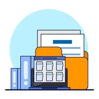 Folders with documents, file management administration, data archiving, electronic document management. Digital data files, storage systems, computer archives, information databases. flat . vector