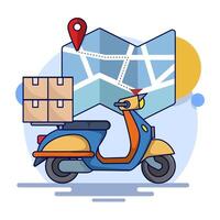 Delivery Concept. Scooter with Box or package and Location Mark. Package delivery. Box. E-commerce template, fast delivery service, package delivery. flat illustration on background. vector
