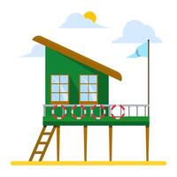 Coast guard tower building concept. living space construction. Station beach building. The beach security building is useful for monitoring visitors on the beach. flat illustration. vector