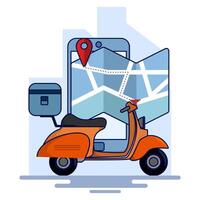 Delivery Concept. Scooter with Box or package and Location Mark. Package delivery. Box. E-commerce template, fast delivery service, package delivery. flat illustration on background. vector