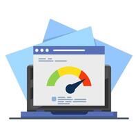 pc load time speedometer software tool concept for download score. Website internet page loading speed or seo optimization laptop computer website performance test check flat icon. vector