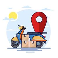 Delivery Concept. Scooter with Box or package and Location Mark. Package delivery. Box. E-commerce template, fast delivery service, package delivery. flat illustration on background. vector