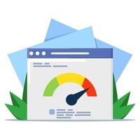 pc load time speedometer software tool concept for download score. Website internet page loading speed or seo optimization laptop computer website performance test check flat icon. vector