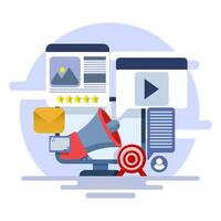 Concept of Content marketing on the internet, Posting content on social media, Writing useful content for the audience, Email marketing, SEO, branded content, flat illustration on background. vector