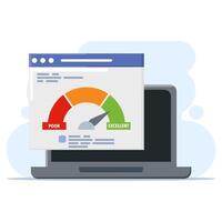 pc load time speedometer software tool concept for download score. Website internet page loading speed or seo optimization laptop computer website performance test check flat icon. vector